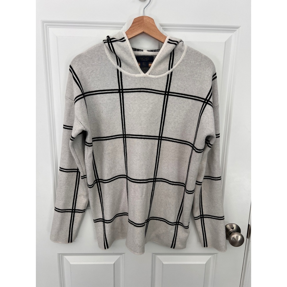 Rachel Rachel Roy Womens Windowpane Plaid Hooded Sweater Cream Black Large